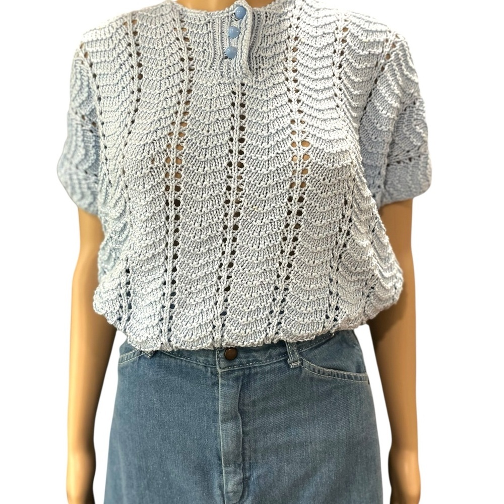 Cottagecore handmade Knit Women's Top in blue Gray-L